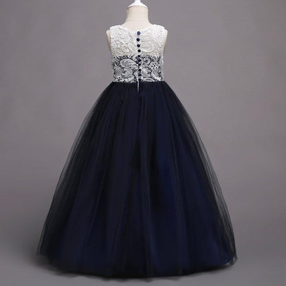Girls Navy Blue Princess Party Gown with White Lace Bodice & Flared Tulle Skirt