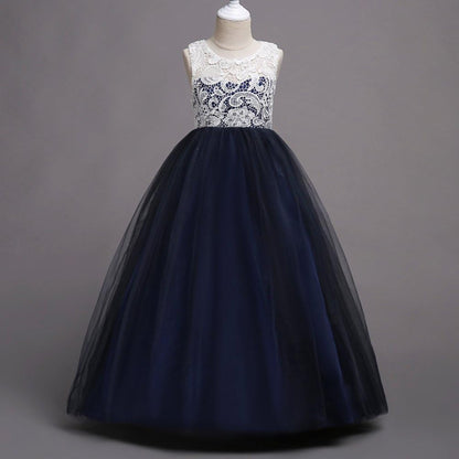 Girls Navy Blue Princess Party Gown with White Lace Bodice & Flared Tulle Skirt