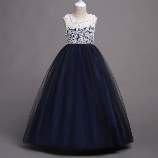 Girls Navy Blue Princess Party Gown with White Lace Bodice & Flared Tulle Skirt