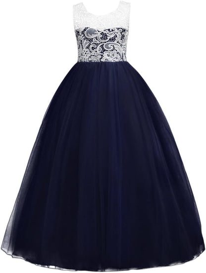 Girls Navy Blue Princess Party Gown with White Lace Bodice & Flared Tulle Skirt
