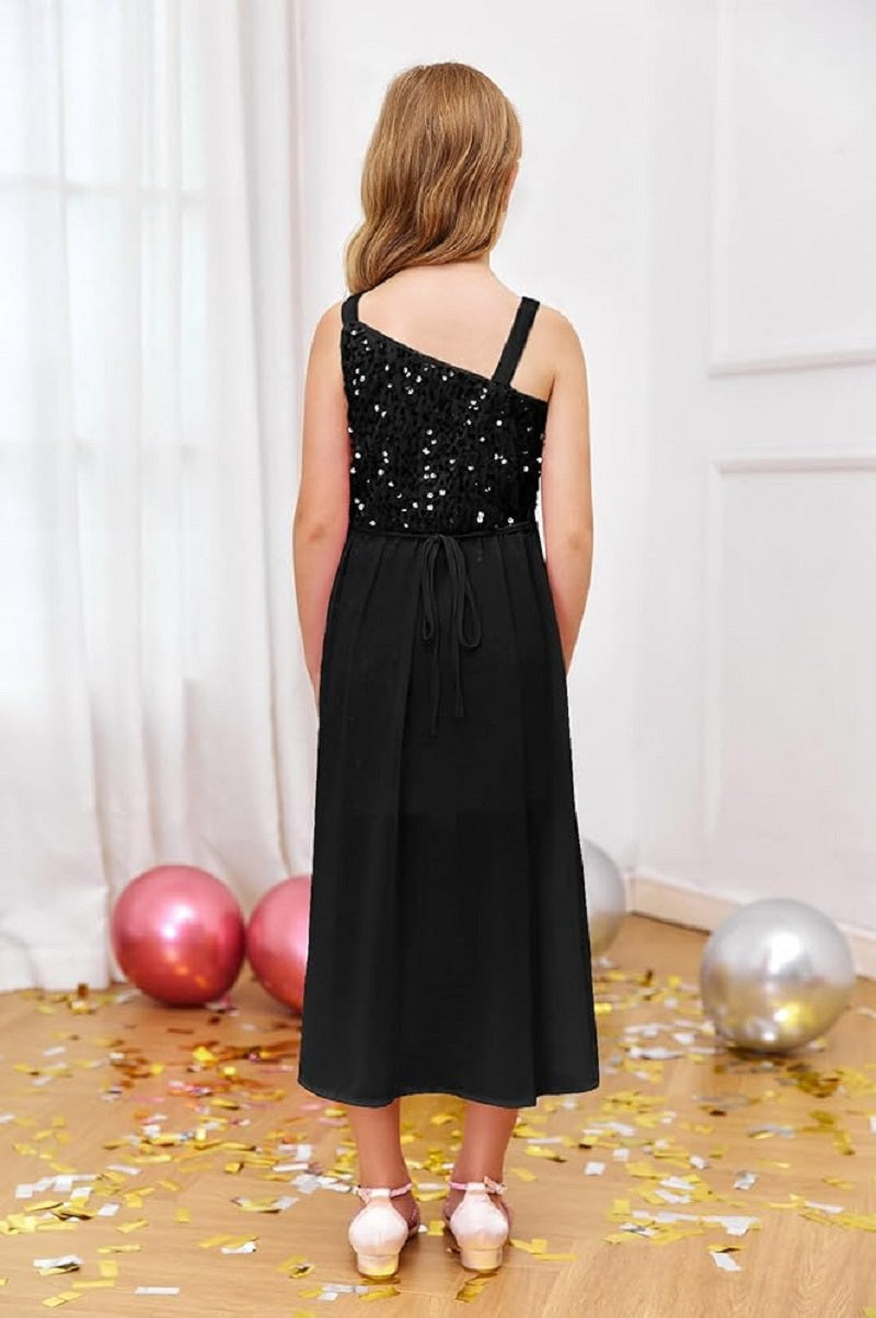 Midnight Black Sequin High-Low Party Dress for Girls