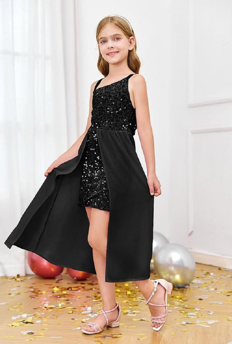 Midnight Black Sequin High-Low Party Dress for Girls