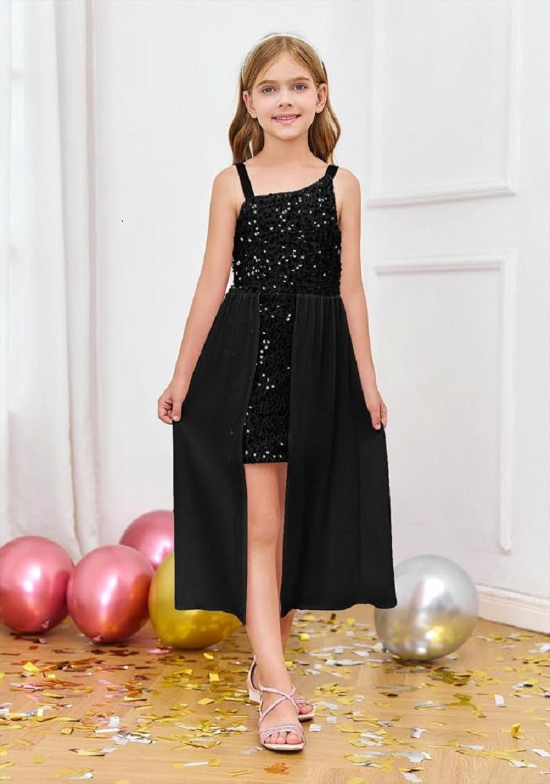 Midnight Black Sequin High-Low Party Dress for Girls