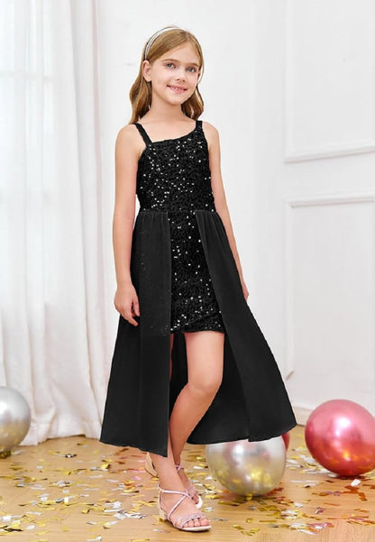 Midnight Black Sequin High-Low Party Dress for Girls