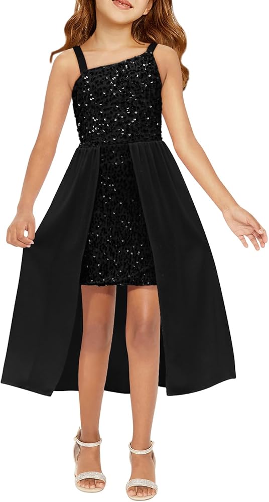 Midnight Black Sequin High-Low Party Dress for Girls