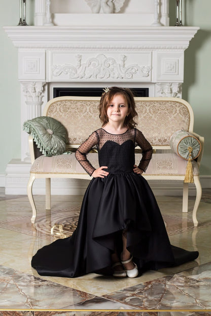 Girls Black High-Low Princess Gown with Full Sleeves & Layered Party Wear Design