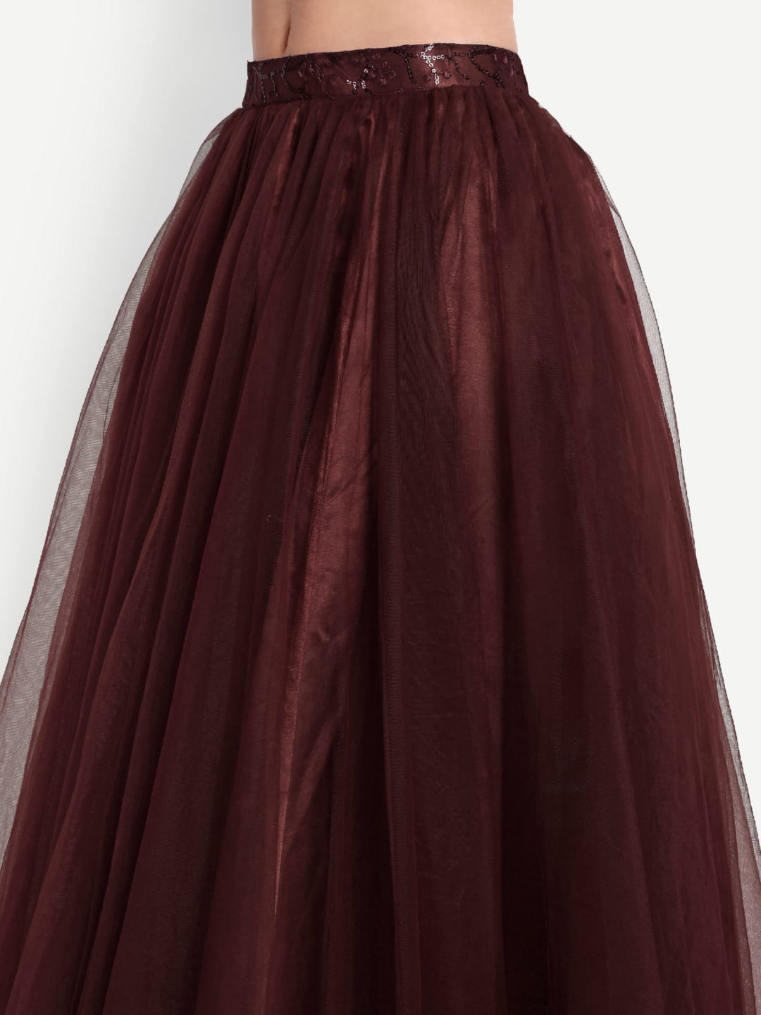 Elegant Women Flared Maxi Net Skirt maroon