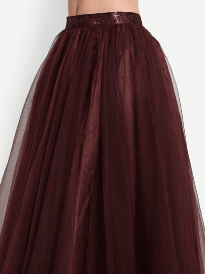 Elegant Women Flared Maxi Net Skirt maroon