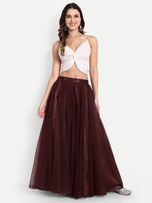 Elegant Women Flared Maxi Net Skirt maroon
