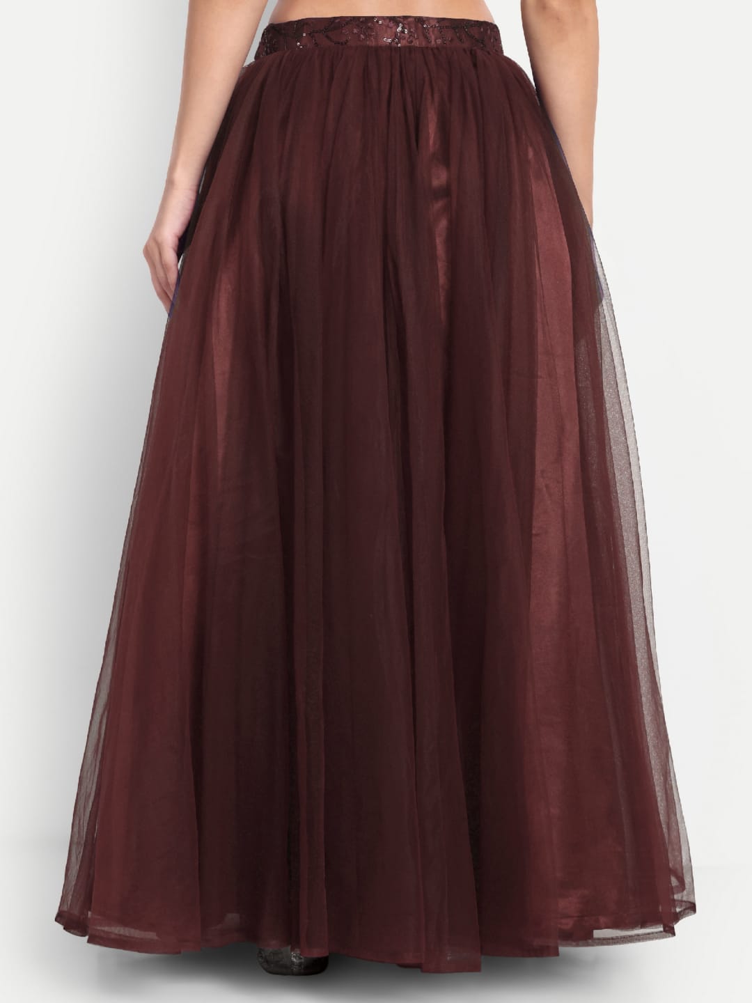 Elegant Women Flared Maxi Net Skirt maroon