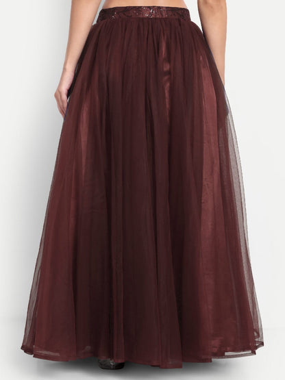 Elegant Women Flared Maxi Net Skirt maroon