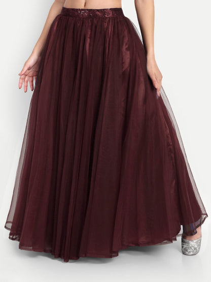 Elegant Women Flared Maxi Net Skirt maroon