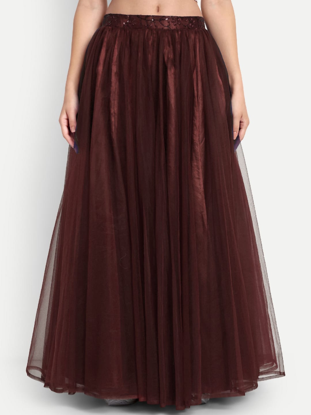Elegant Women Flared Maxi Net Skirt maroon