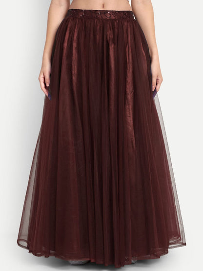 Elegant Women Flared Maxi Net Skirt maroon