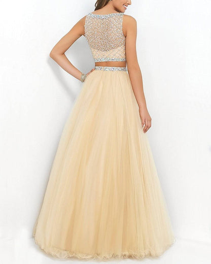 Elegant Women Flared Maxi Net Skirt golden