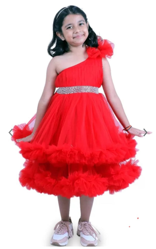 Girls Red One-Shoulder Net Frill Party Dress