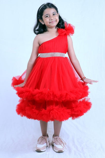Girls Red One-Shoulder Net Frill Party Dress