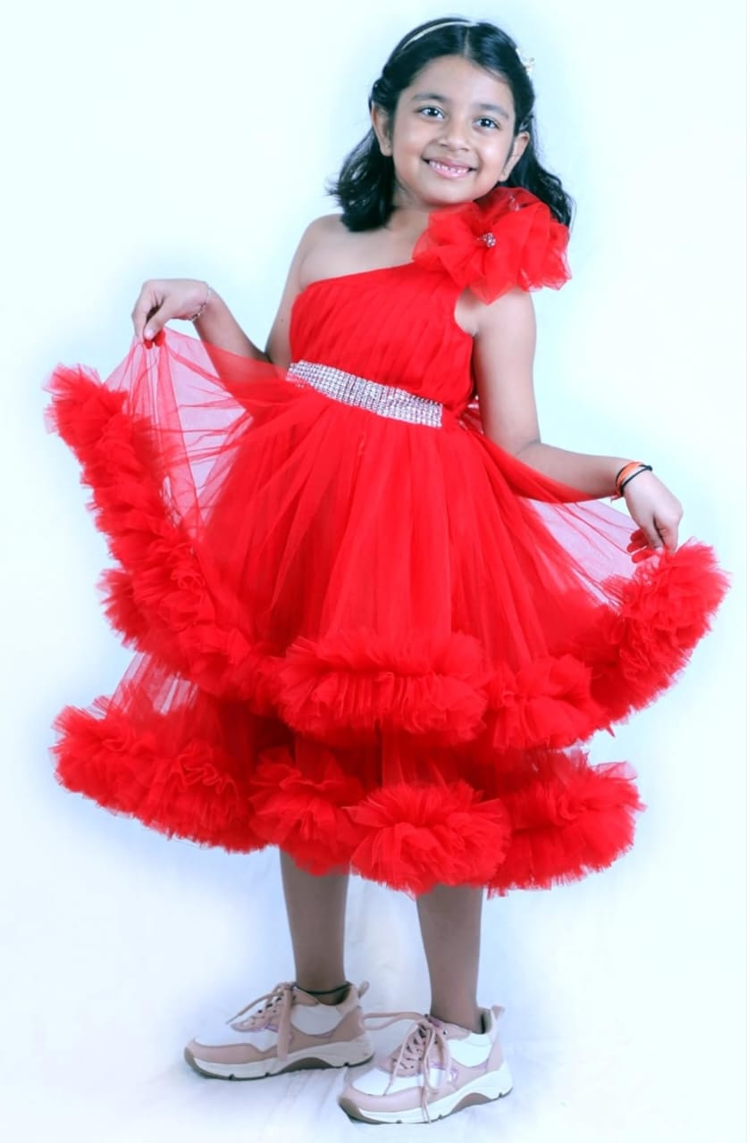 Girls Red One-Shoulder Net Frill Party Dress