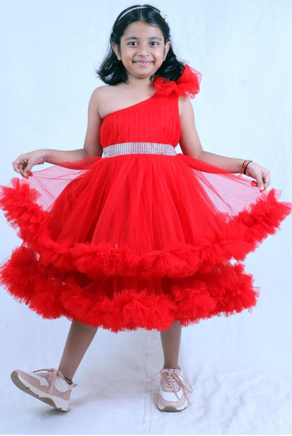 Girls Red One-Shoulder Net Frill Party Dress