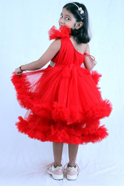 Girls Red One-Shoulder Net Frill Party Dress