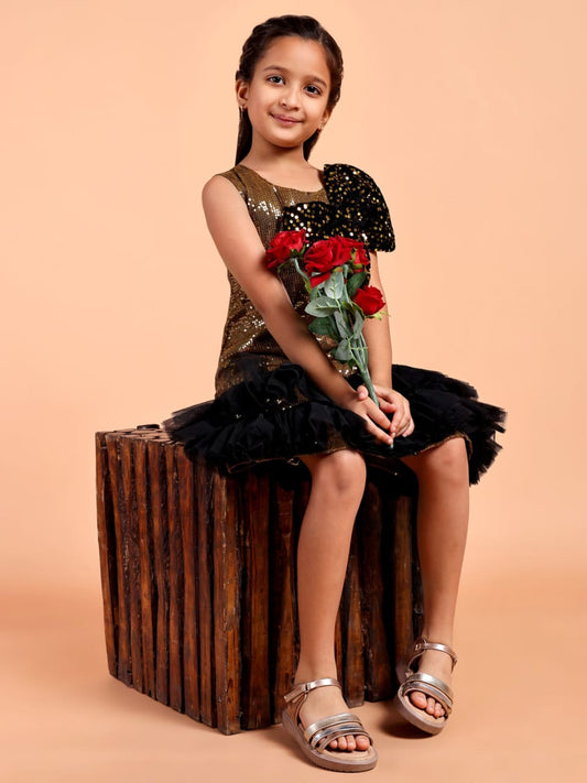 Girls Gold Sequin Party Dress with Black Bow Detail