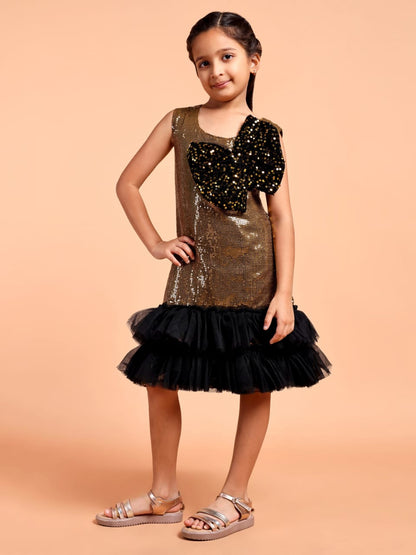 Girls Gold Sequin Party Dress with Black Bow Detail