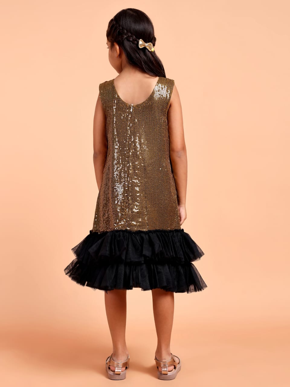 Girls Gold Sequin Party Dress with Black Bow Detail
