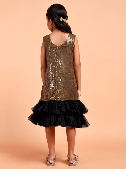Girls Gold Sequin Party Dress with Black Bow Detail