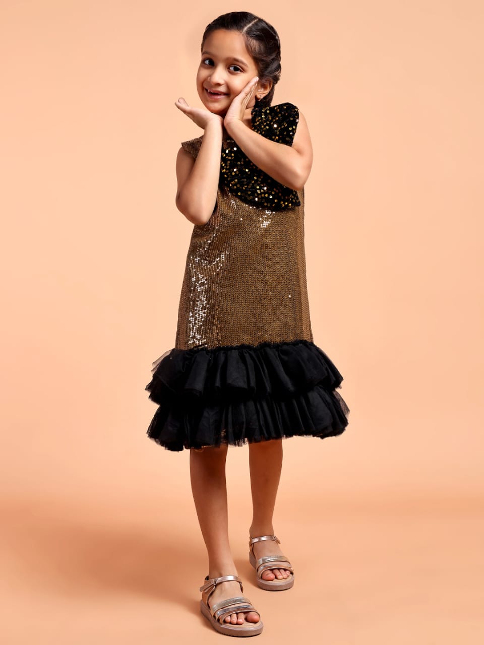 Girls Gold Sequin Party Dress with Black Bow Detail