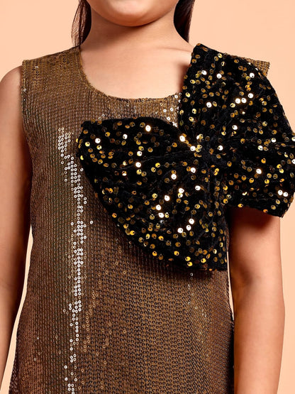 Girls Gold Sequin Party Dress with Black Bow Detail