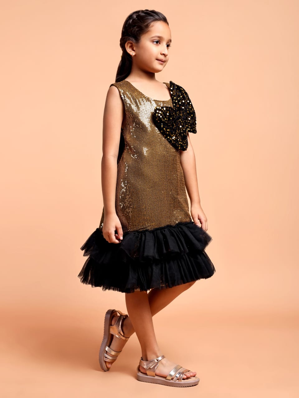 Girls Gold Sequin Party Dress with Black Bow Detail