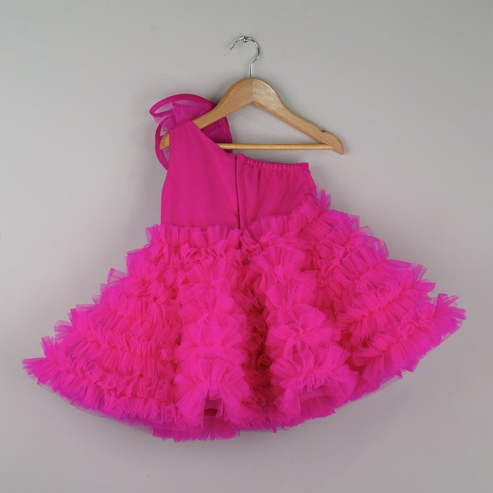 Hot Pink One-Shoulder Ruffle Princess Gown for Girls with Matching Hat