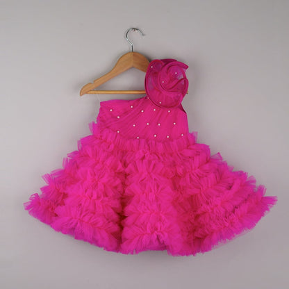 Hot Pink One-Shoulder Ruffle Princess Gown for Girls with Matching Hat