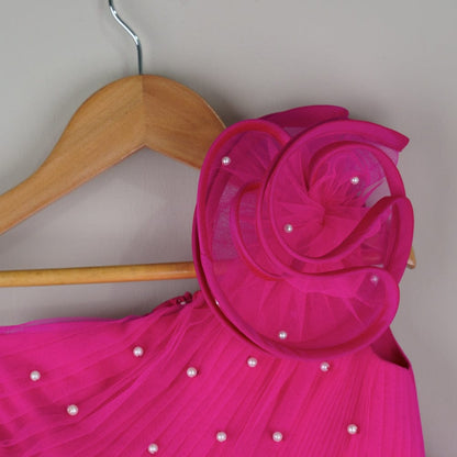 Hot Pink One-Shoulder Ruffle Princess Gown for Girls with Matching Hat