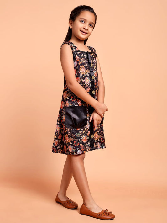 Girls Black Floral Printed Sleeveless Casual Dress