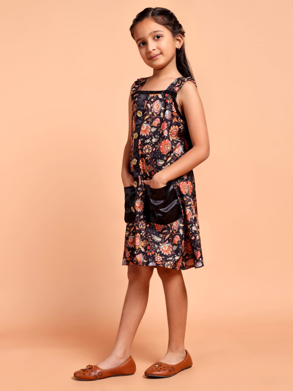 Girls Black Floral Printed Sleeveless Casual Dress
