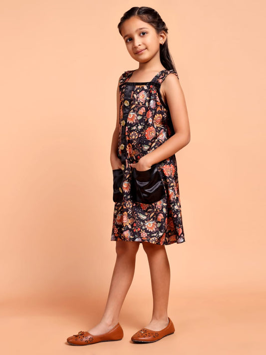 Girls Black Floral Printed Sleeveless Casual Dress