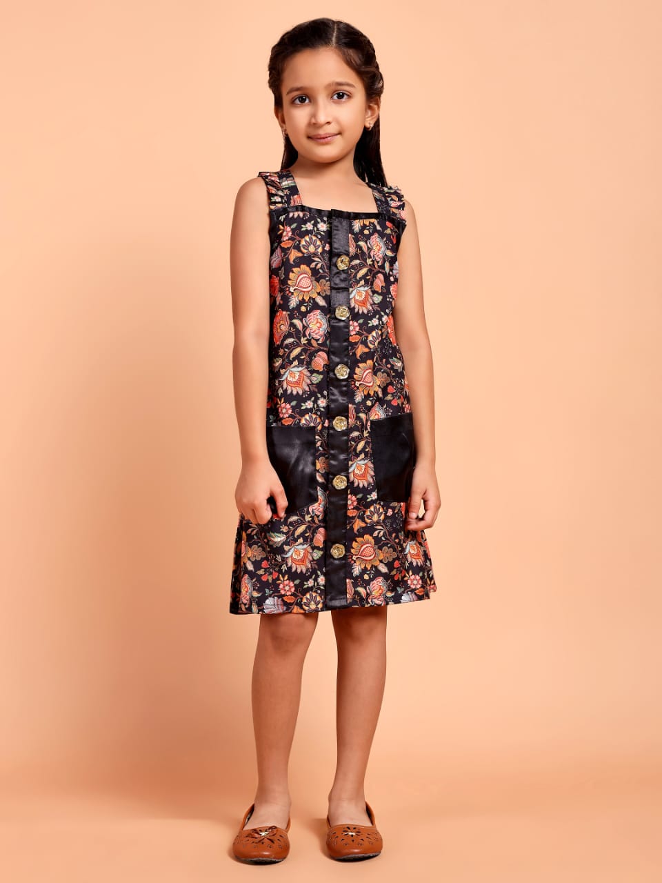 Girls Black Floral Printed Sleeveless Casual Dress