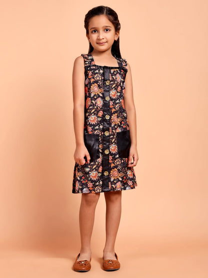 Girls Black Floral Printed Sleeveless Casual Dress