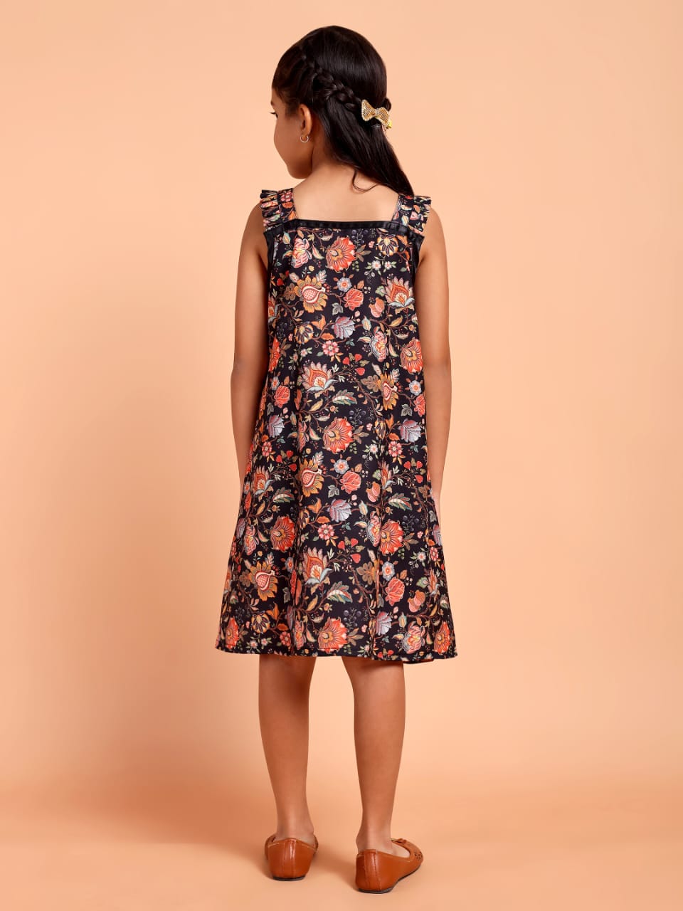 Girls Black Floral Printed Sleeveless Casual Dress