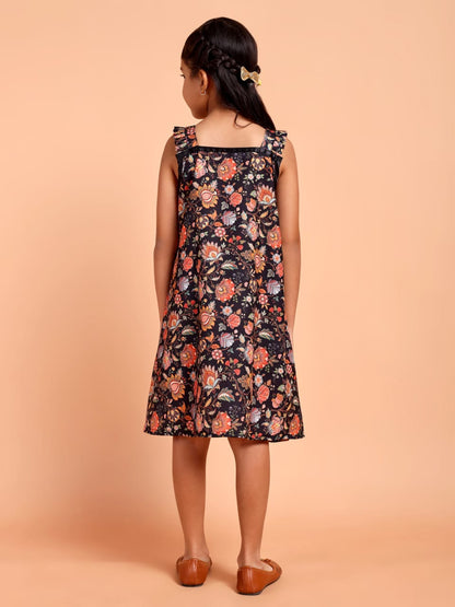 Girls Black Floral Printed Sleeveless Casual Dress