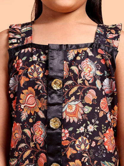 Girls Black Floral Printed Sleeveless Casual Dress