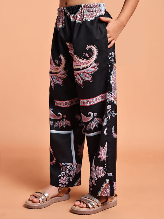 Girls Black Paisley Printed Sleeveless Co-ord Set with Frill Top & Wide Leg Pants
