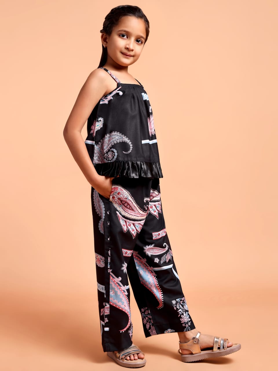 Girls Black Paisley Printed Sleeveless Co-ord Set with Frill Top & Wide Leg Pants