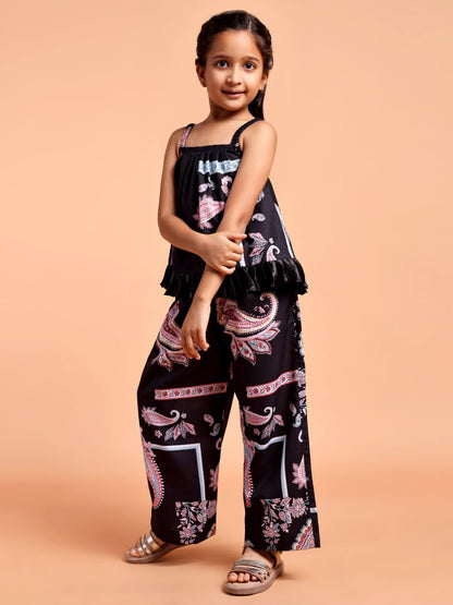 Girls Black Paisley Printed Sleeveless Co-ord Set with Frill Top & Wide Leg Pants