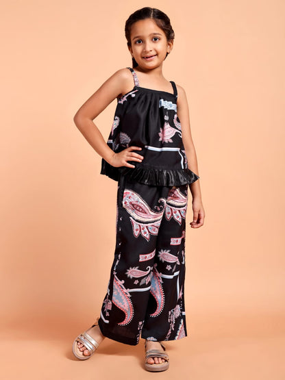 Girls Black Paisley Printed Sleeveless Co-ord Set with Frill Top & Wide Leg Pants
