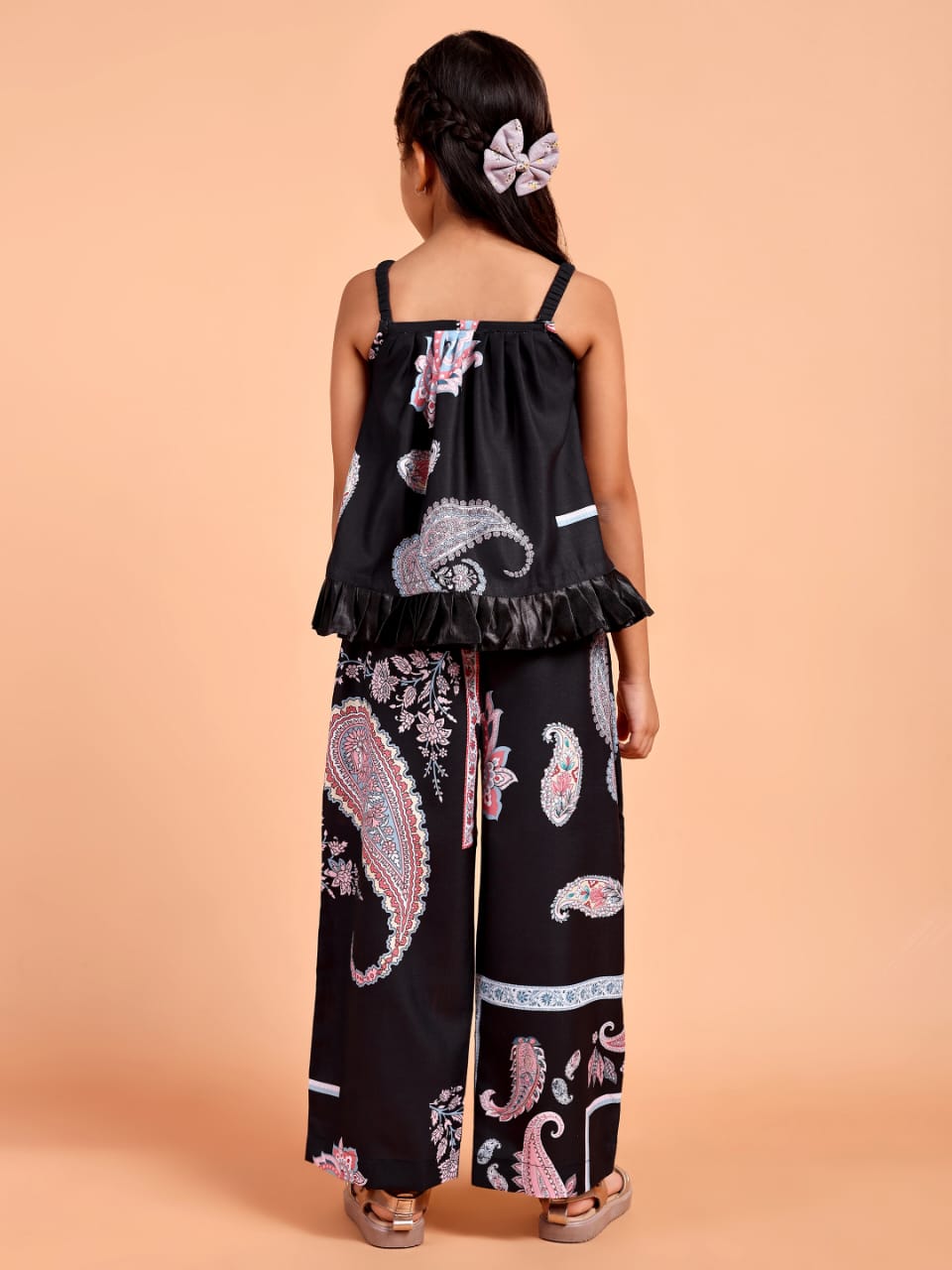 Girls Black Paisley Printed Sleeveless Co-ord Set with Frill Top & Wide Leg Pants