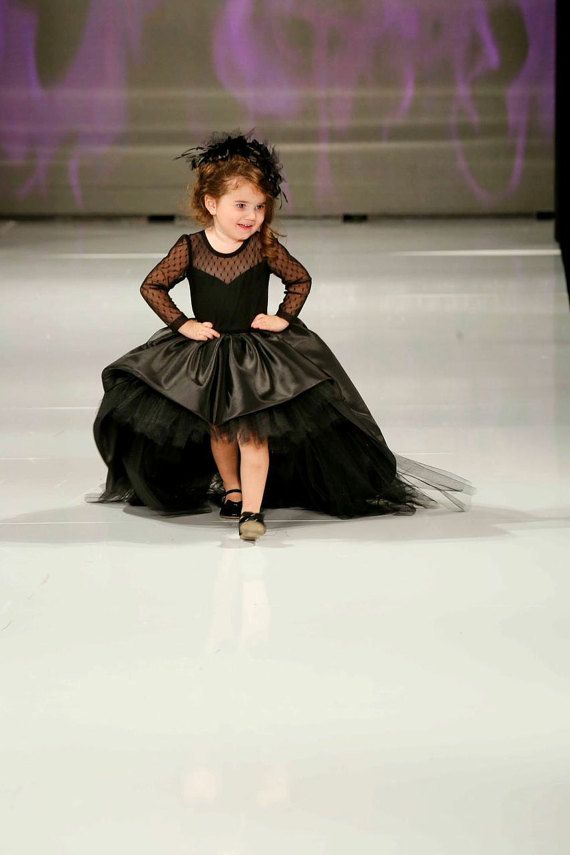 Girls Black High-Low Princess Gown with Full Sleeves & Layered Party Wear Design