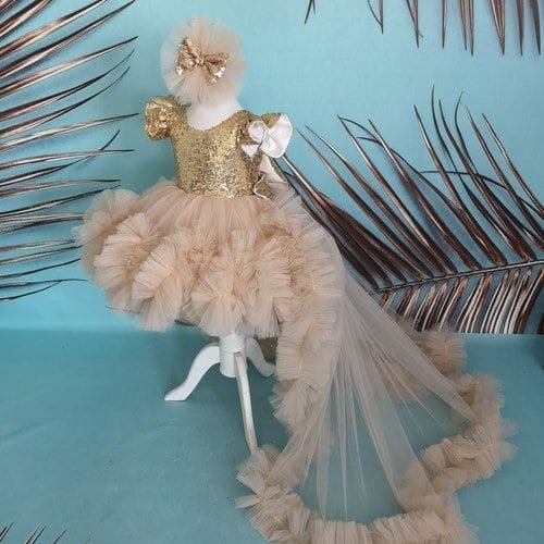 Girls Champagne Gold Sequin Princess Party Gown