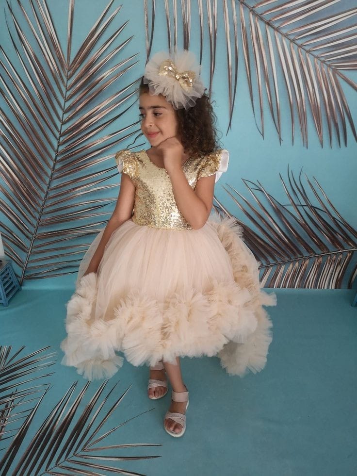 Girls Champagne Gold Sequin Princess Party Gown